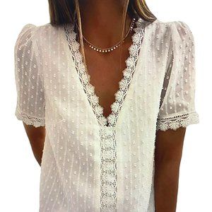 NWT Cisisily Women's White V Neck Lace Crochet Blouse Size M